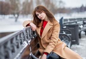 women, Maksim Romanov, portrait, bench, depth of field, snow, sitting, women outdoors