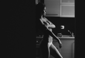 women, white panties, kitchen, boobs, belly, looking away, topless, monochr ...