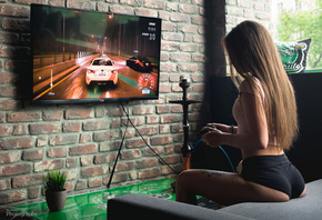 women, tanned, ass, Hookah, short shorts, sitting, wall, back, TV, gamers, tattoo, long hair, joystick, bricks