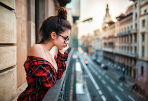 Delaia Gonzalez, women, women with glasses, shirt, depth of field, portrait, balcony, looking away