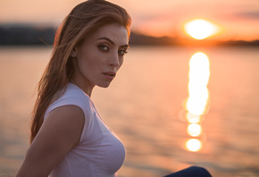 women, sunset, portrait, women outdoors, sea, blonde, depth of field