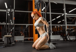 women, sportswear, gyms, sneakers, tattoo, kneeling, belly, sports, brunett ...