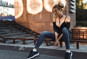 women, blonde, hairbun, portrait, sitting, sneakers, jeans, women outdoors, socks, depth of field, monokinis