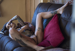 Selina Christoforou, women, brunette, couch, lying on back, tattoo, Jack Ru ...