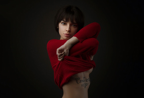 women, portrait, brunette, simple background, painted nails, tattoo, underboob, boobs