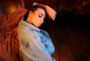 women, brunette, tattoo, portrait, denim shirt, closed eyes, nose rings, pierced nose, painted nails