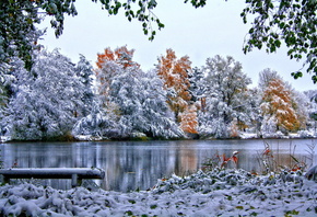 снег, природа, зима, деревья, листва, небо, трава, река