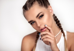 women, portrait, white background, painted nails, blue eyes, blonde, simple background, face, braids, finger on lips, white clothing