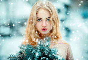 women, face, blonde, portrait, blue eyes, snow, depth of field, red lipstic ...