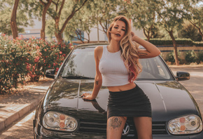 women, blonde, tanned, skirt, belly, fishnet stockings, women with cars, nipple through clothing, dyed hair, tattoo, depth of field, car, women outdoors, portrait