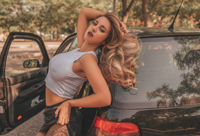 women, blonde, tanned, women with cars, tattoo, trees, skirt, fishnet stock ...