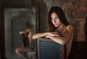 Catherine Timokhina, women, Maxim Maximov, portrait, mirror, reflection, sitting, chair, boobs