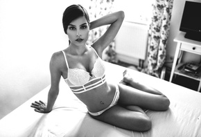 women, Miro Hofmann, belly, nose rings, in bed, pierced navel, white lingerie, sitting, armpits, monochrome