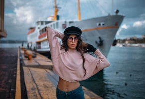 women, belly, ship, gloves, portrait, depth of field, women outdoors, women with glasses, water