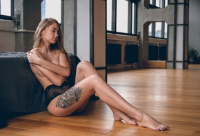 women, blonde, tattoo, sitting, on the floor, tanned, closed eyes, painted  ...