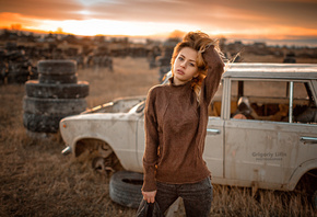 women, Grigoriy Lifin, sunset, blonde, portrait, depth of field, women outdoors