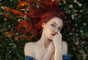 women, top view, face, portrait, redhead, bare shoulders, blue eyes