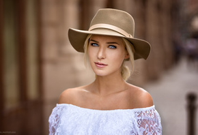 women, blonde, blue eyes, portrait, face, hat, depth of field, bare shoulde ...