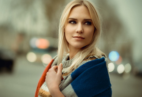 women, blonde, face, portrait, depth of field, looking away, blue eyes