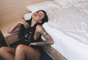 women, sitting, black hair, monokinis, pillow, bed, sideboob, portrait, brunette, tattoo