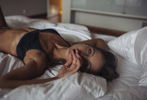 women, tanned, skinny, black lingerie, belly, in bed, lying on back, portrait, blonde