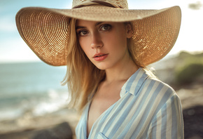 Ksenia Kokoreva, women, blonde, hat, portrait, shirt, depth of field, women ...