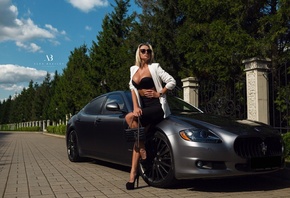 women, Alex Bazilev, tanned, women outdoors, blonde, skirt, black bras, women with cars, sunglasses, high heels