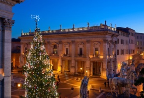 фонари, скульптуры, Capitoline Hill, Рим, новый год, рождество, дома, Итали ...