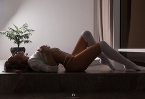 women, Alex Bazilev, tanned, white stockings, white panties, closed eyes, hands on boobs, belly, lying on back
