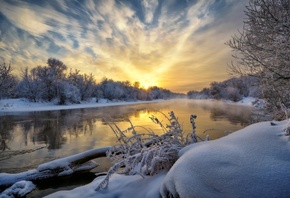 река, деревья, снег, мороз, небо, отражение, Нeger (Роман)