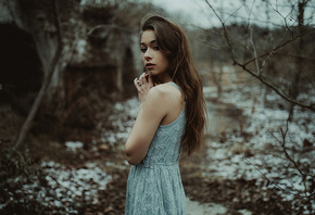 women, portrait, depth of field, dress, snow, women outdoors