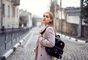 women, portrait, handbags, blonde, depth of field, road, women outdoors