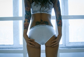women, ass, brunette, back, tattoo, Calvin Klein, window, underwear, hands on ass