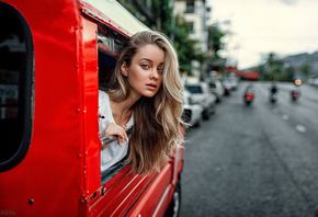 women, Evgeny Freyer, blonde, women with cars, depth of field, blue eyes, portrait