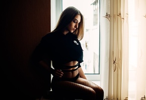 women, tanned, sitting, black panties, fishnet lingerie, belly, fishnet stockings, portrait, T-shirt