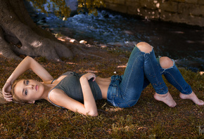 women, blonde, brunette, belly, trees, torn jeans, lying on back, river, grass