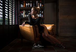 women, Marina Nelson, black dress, sitting, blonde, window, high heels, bottles