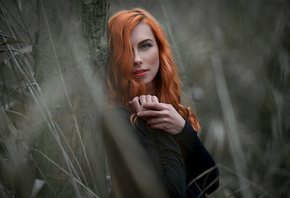 women, redhead, trees, red lipstick, portrait, depth of field, women outdoors