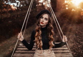 women, Alessandro Di Cicco, red lipstick, blue eyes, sitting, depth of field, women outdoors, wavy hair, long hair