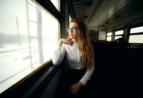 women, white shirt, blonde, portrait, sitting, looking away, train, women with glasses, long hair