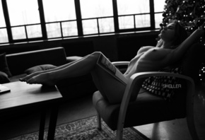 women, Igor Sheller, nude, monochrome, window, sitting, Christmas Tree, rib ...