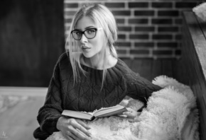 women, monochrome, women with glasses, portrait, bricks, face, books