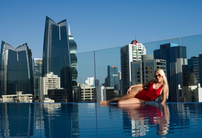 women, blonde, one-piece swimsuit, tanned, cityscape, building, sunglasses, swimming pool, water