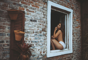 women, tanned, sitting, window, bricks, white panties, ass, finger on lips, black nails, closed eyes, boobs, topless