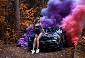 women, monokinis, tanned, tattoo, long hair, smoke, sneakers, women outdoors, women with cars, smiling, looking away, painted nails, trees