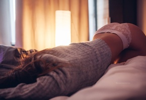 women, tanned, ass, panties, bottom up, in bed, lying on front, sweater