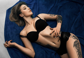 women, brunette, top view, black lingerie, tattoo, belly, pierced navel, cl ...