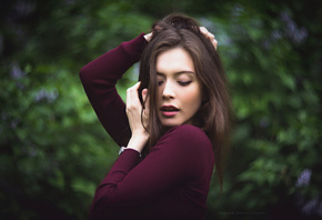women, face, portrait, depth of field, hands in hair