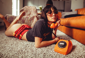 women, lying on front, phone, ass, T-shirt, women with glasses, short shorts, sunglasses, on the floor, couch