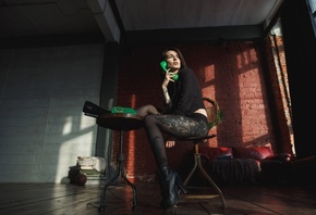women, sitting, rear view, phone, pantyhose, high heels, wall, bricks, chair, tattoo, looking away, painted nails